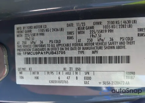 2023 Ford Escape St-Line Elite из США, поврежденный, VIN 1FMCU9PA1PUB43705